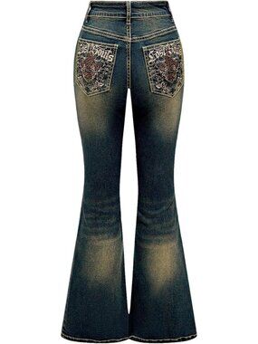 Women's Dark Blue Denim Pull On Y2k Goth High Waist Mid Rise Bell Bottom Jeans